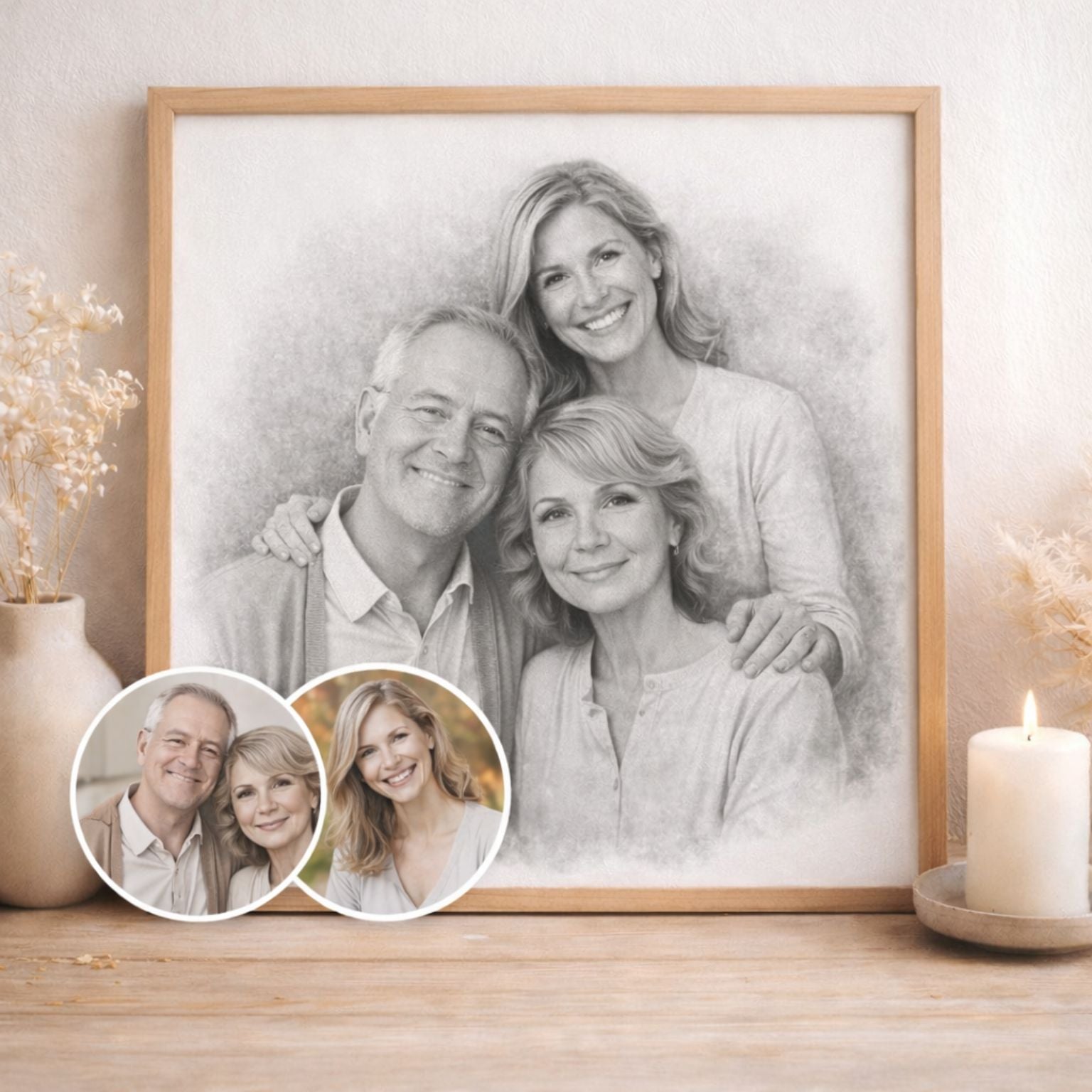 Custom Family Pencil Portrait from Separate Photos | Black & White Memorial Style Artwork