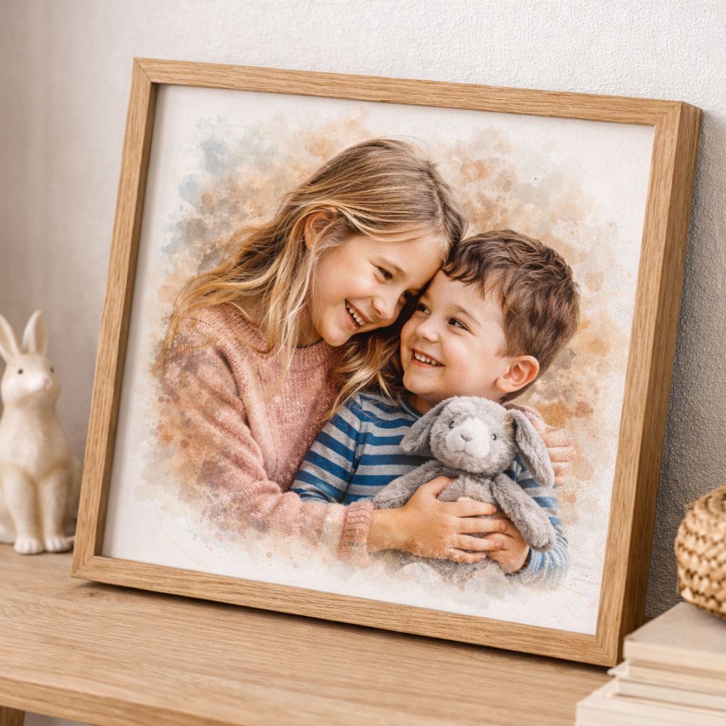 Sibling Watercolour Portrait from Photo Personalised Brother Sister Wall Art Gift
