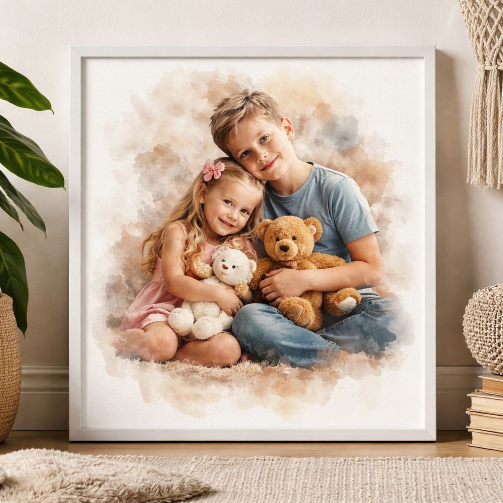 Sibling Bond Portrait – Capture the Unique Connection Between Siblings, Custom Watercolour Family Artwork