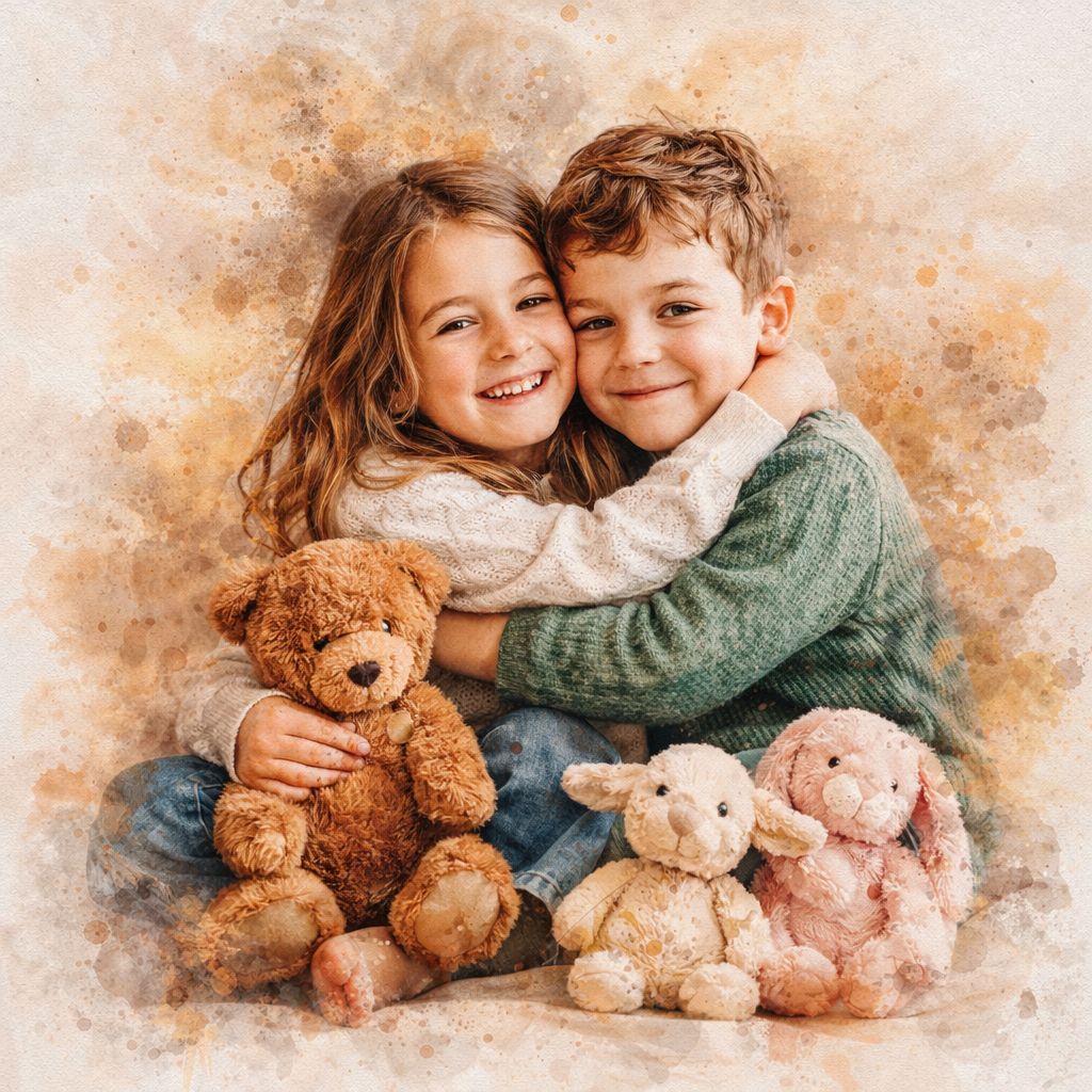 Sibling Bond Portrait – Capture the Unique Connection Between Siblings, Custom Watercolour Family Artwork