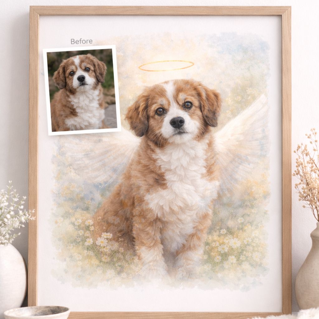 Custom Pet Memorial Portrait from Photo – Angel Wings Dog or Cat Watercolour Artwork – Pet Loss Sympathy Gift – Personalised Pet Art