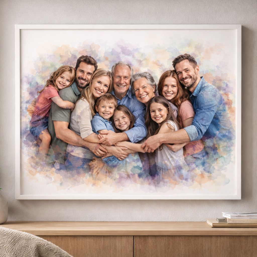 Family Reunion Portrait – Combine Relatives from Different Photos into One Custom Watercolour Family Artwork