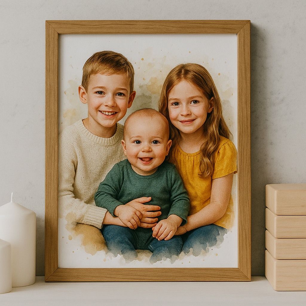 Personalised Watercolour Family Portrait – Custom Grandchildren Gift for Grandma & Grandad, Hand-Edited Photo Art
