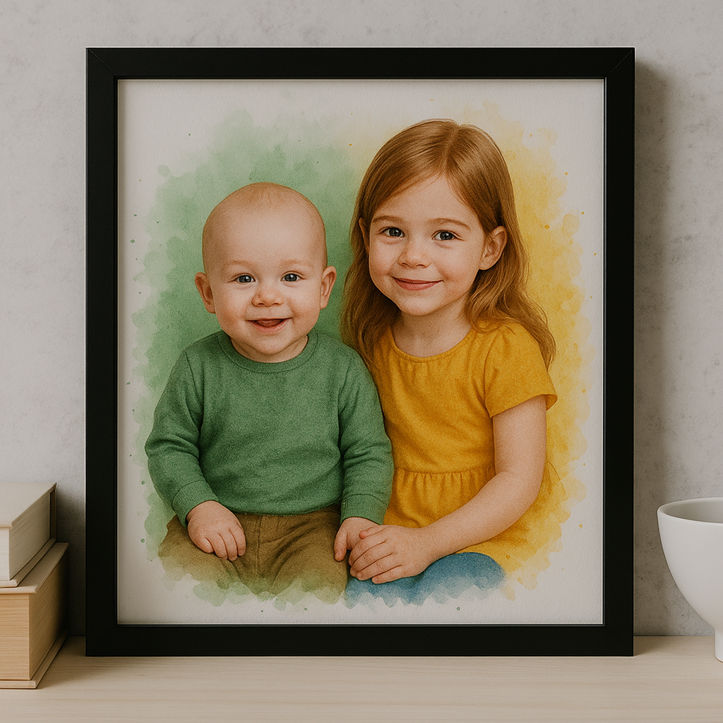Custom Watercolour Grandchildren Portrait – Personalised Photo Gift for Grandparents, Family Keepsake Wall Art