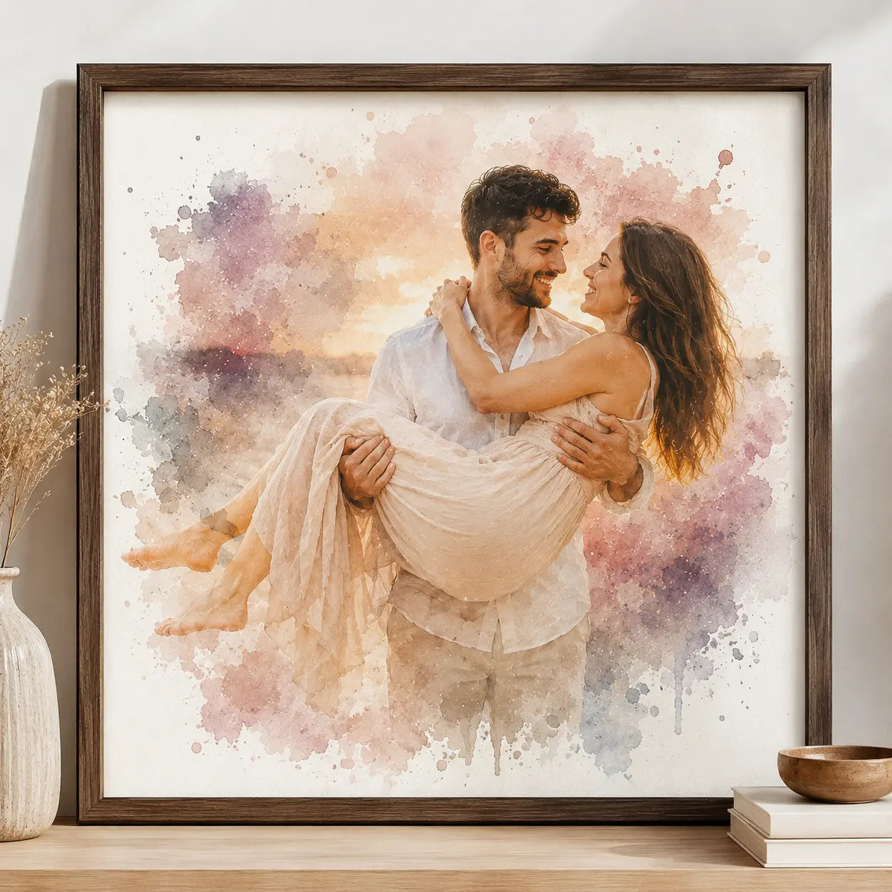 Custom Couple Portrait from Photo Personalised Watercolour Romantic Wall Art Gift