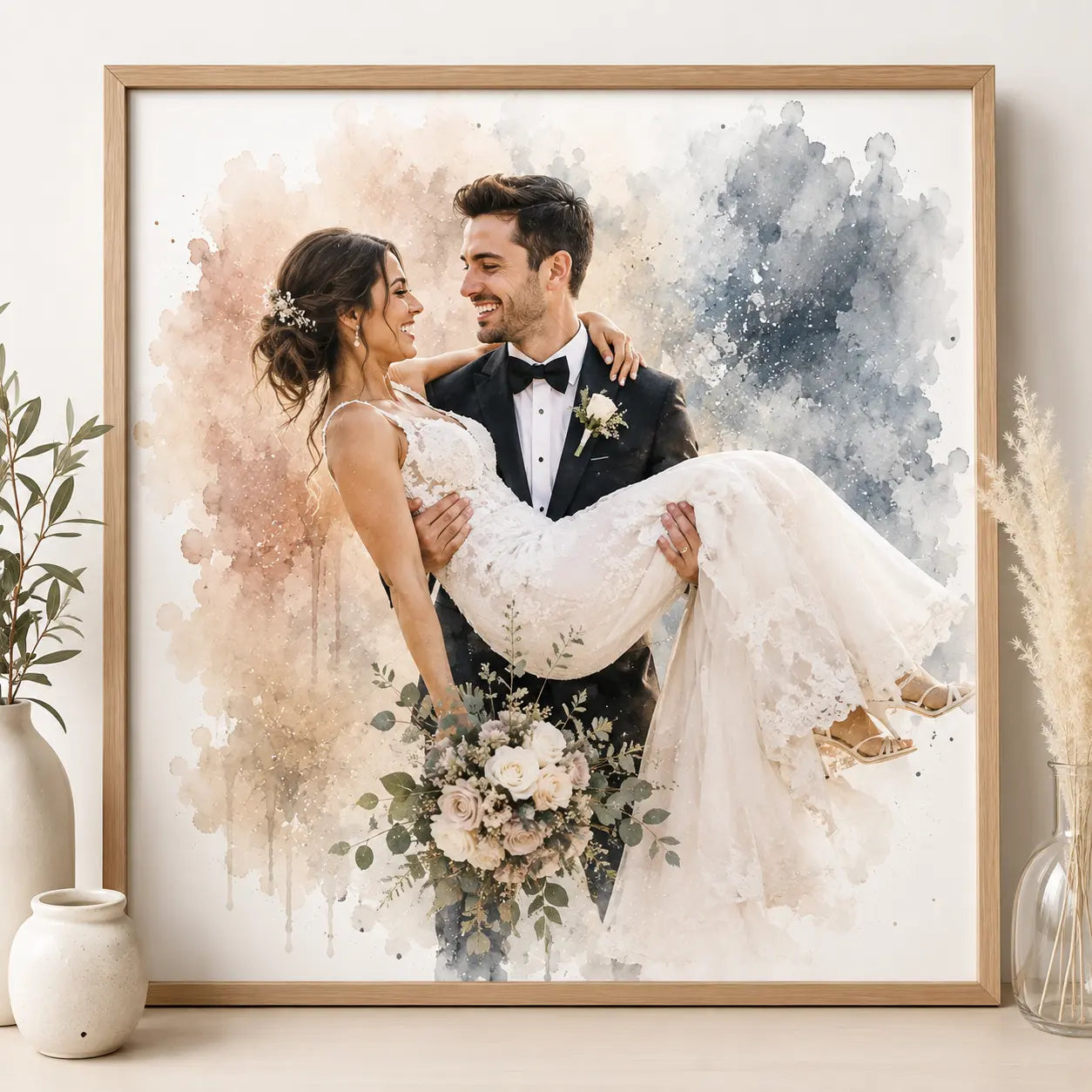 Modern Wedding Photo into Elegant Wall Art Personalised Watercolour Wedding Portrait