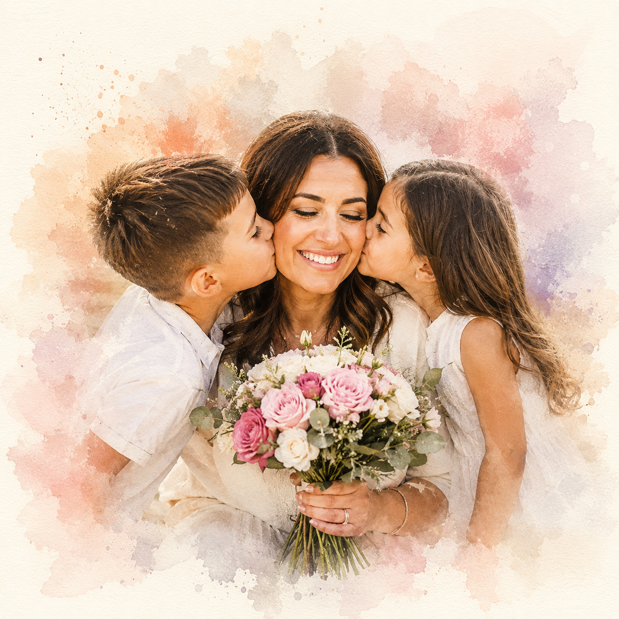 Gift for Mum from Kids Personalised Watercolour Family Portrait from Photo