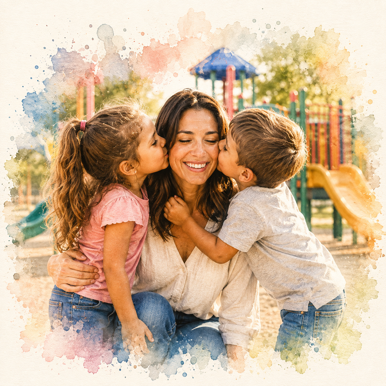 Gift for Mum from Kids Personalised Watercolour Family Portrait from Photo