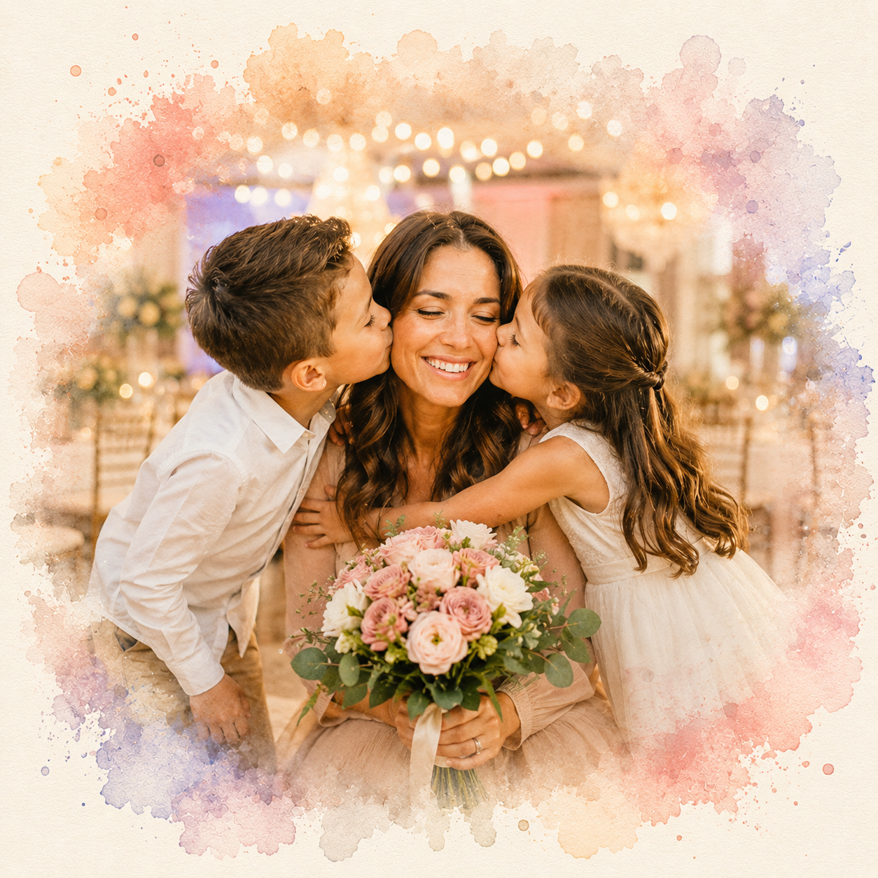 Gift for Mum from Kids Personalised Watercolour Family Portrait from Photo