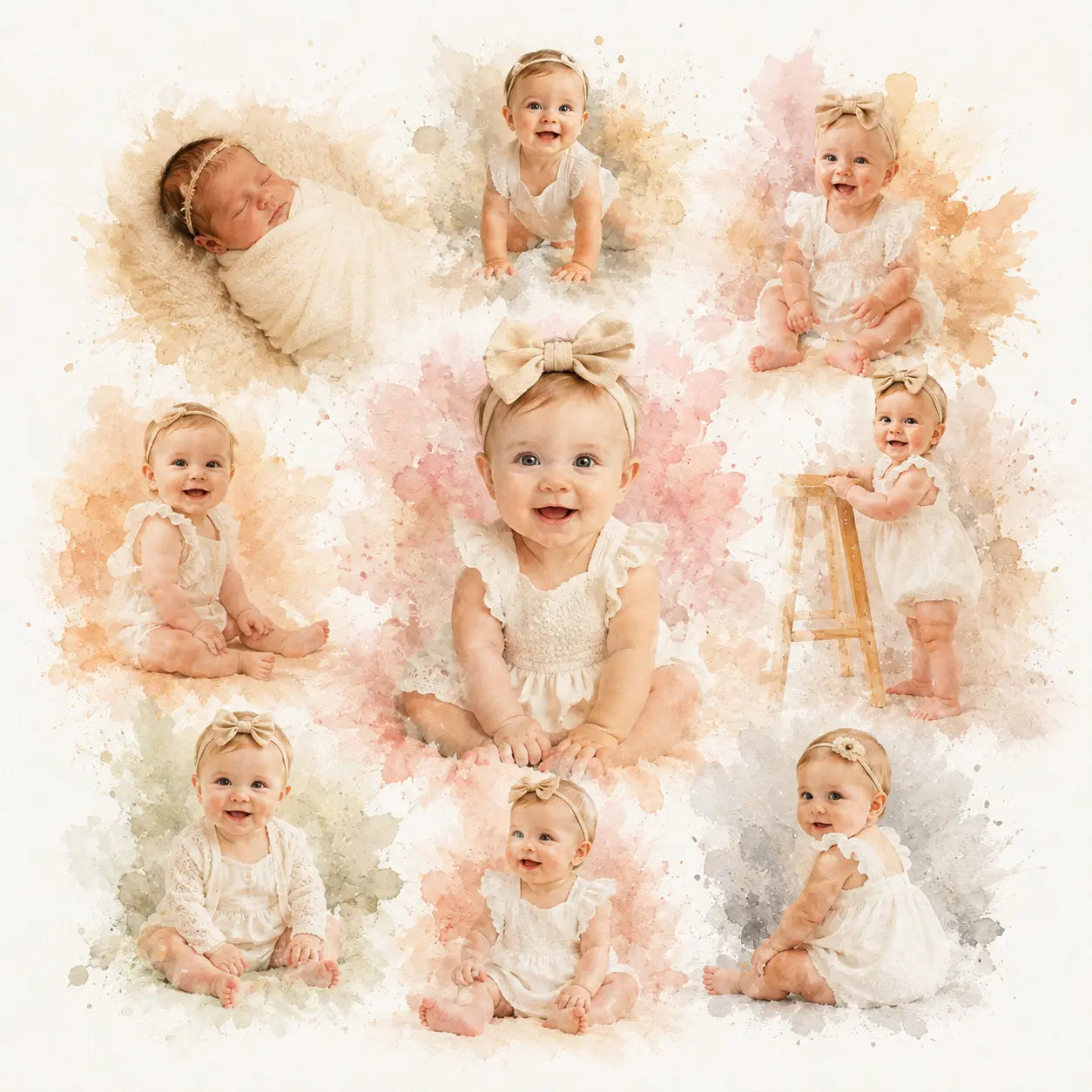 Baby Milestone Watercolour Portrait from Photo Personalised First Year Keepsake