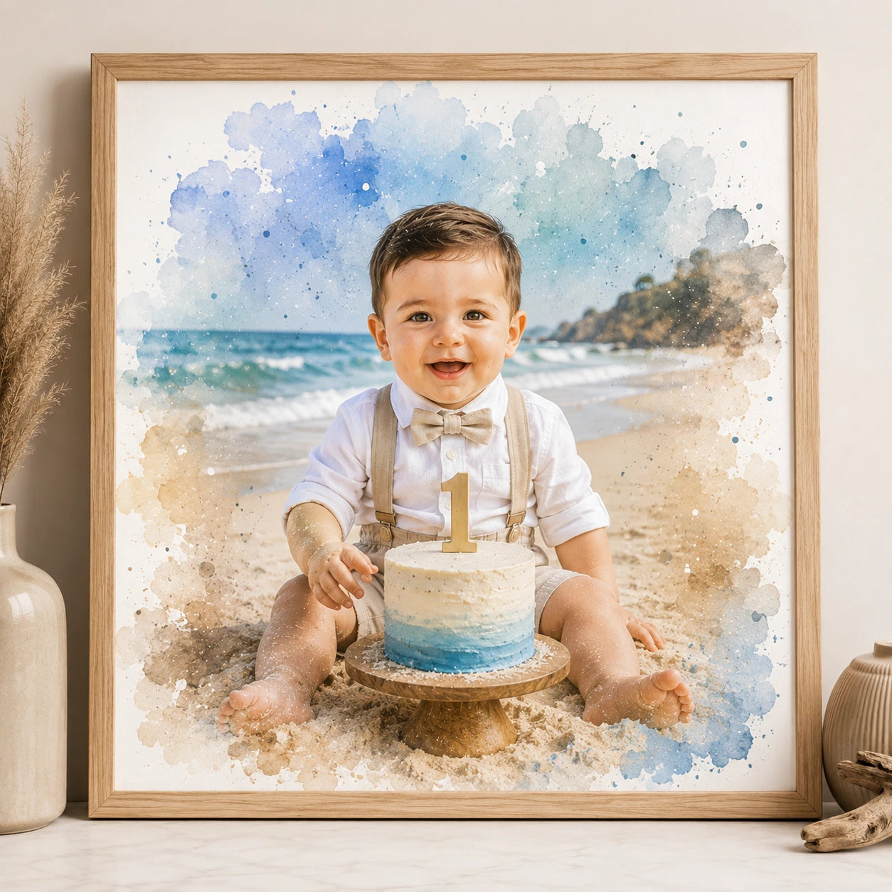 1st Birthday Portrait from Photo Personalised First Birthday Watercolour Keepsake