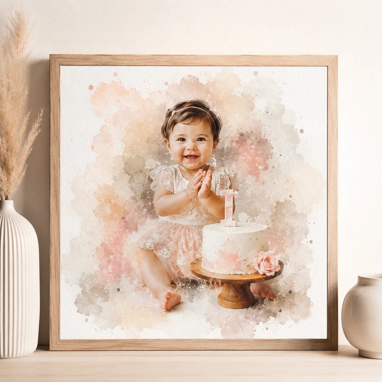 1st Birthday Portrait from Photo Personalised First Birthday Watercolour Keepsake
