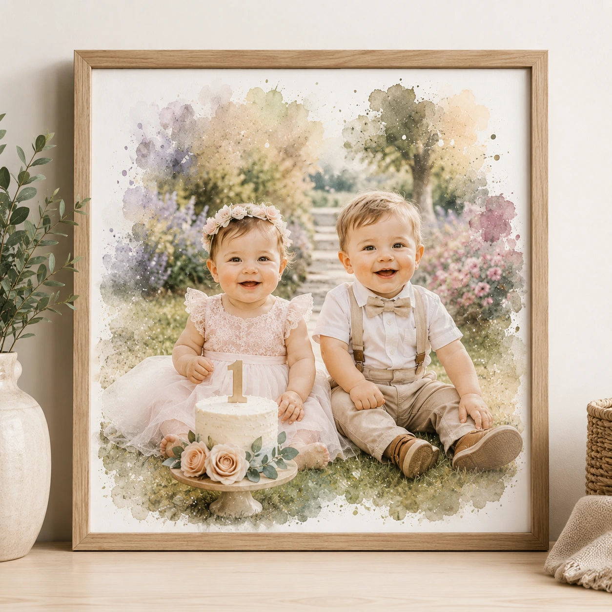 1st Birthday Portrait from Photo Personalised First Birthday Watercolour Keepsake