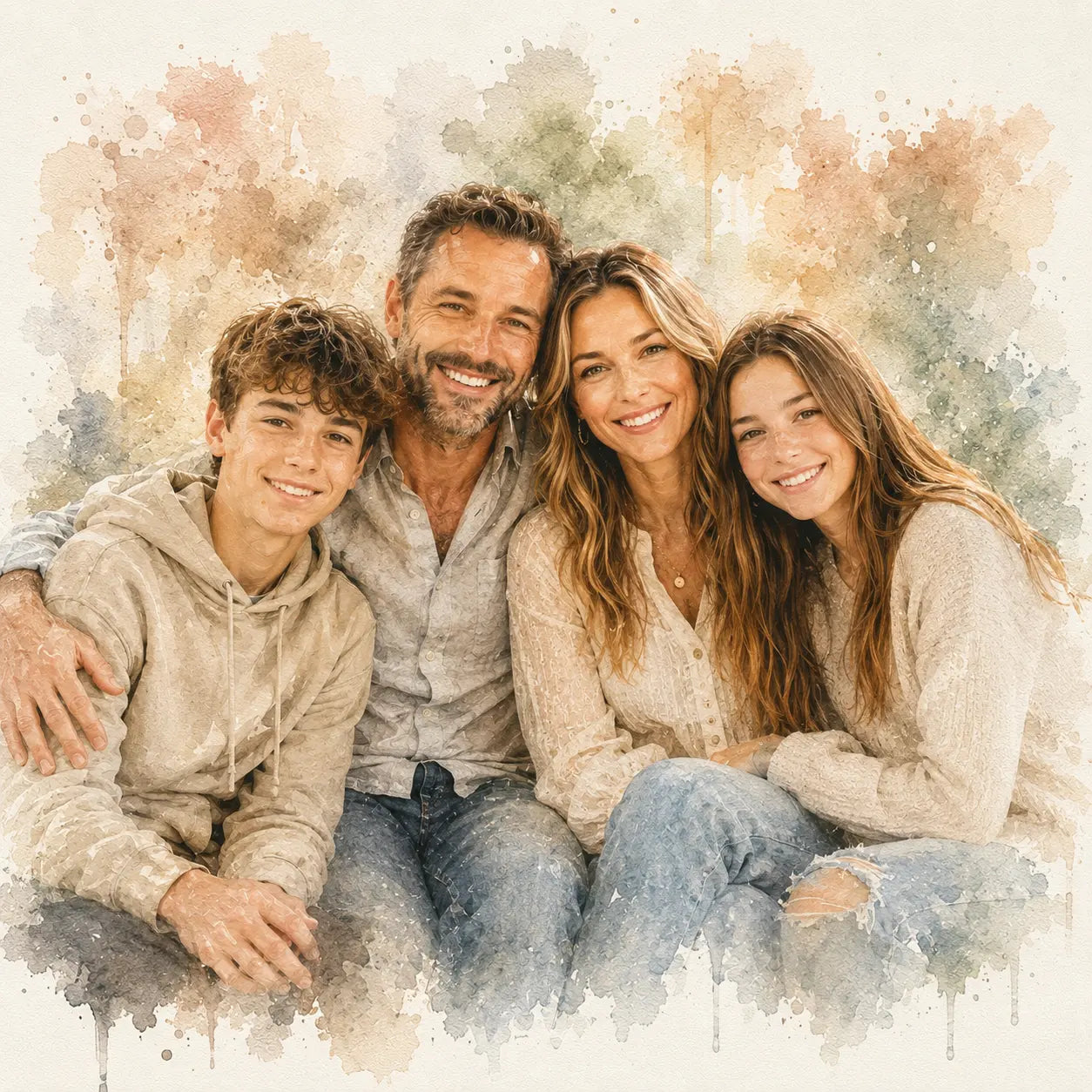 Custom Family Watercolour Portrait from Photo Personalised Family Wall Art Keepsake