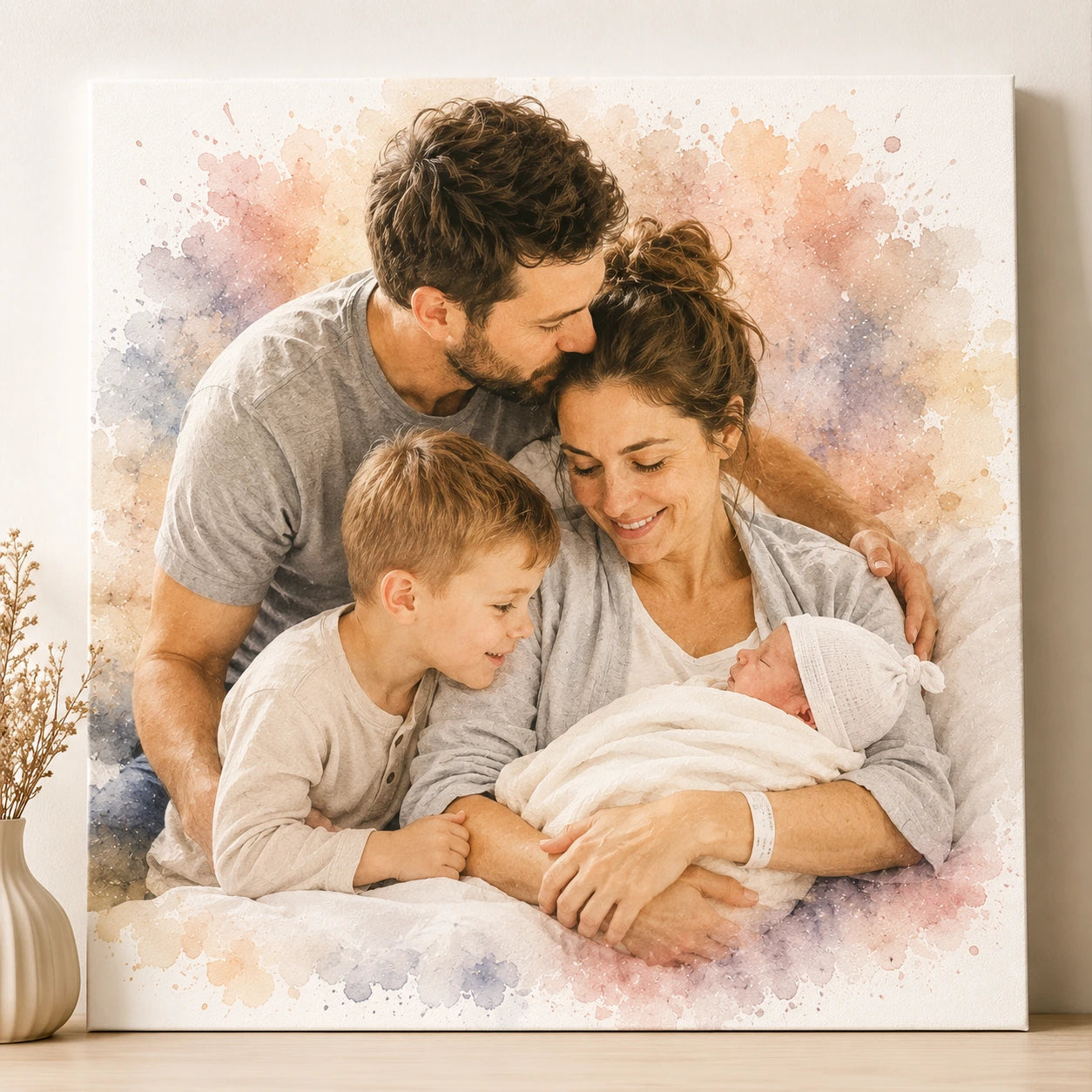 New Mum Family Portrait Illustration from Photo Personalised Watercolour Gift