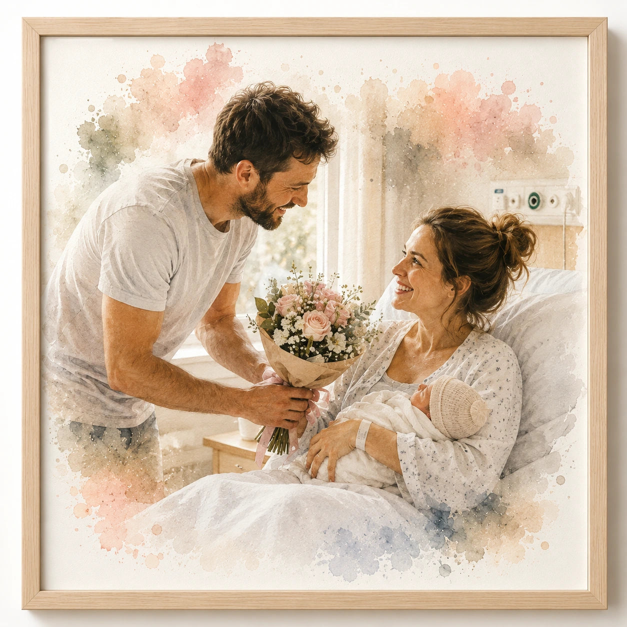 New Mum Family Portrait Illustration from Photo Personalised Watercolour Gift