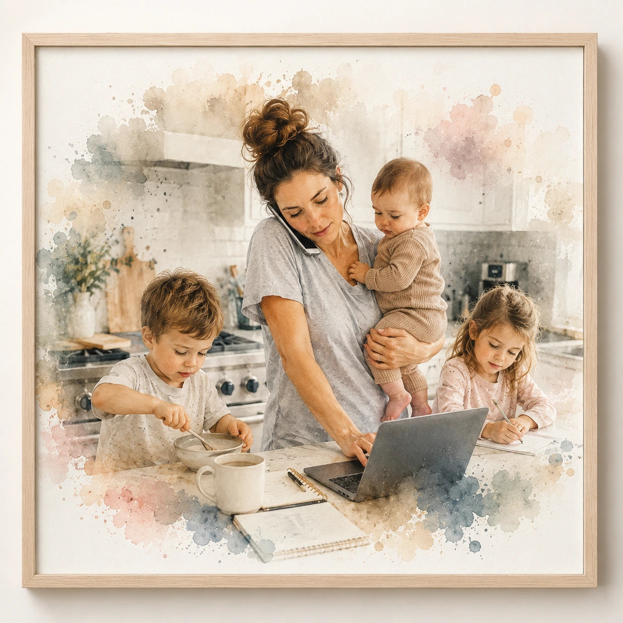 New Mum Family Portrait Illustration from Photo Personalised Watercolour Gift
