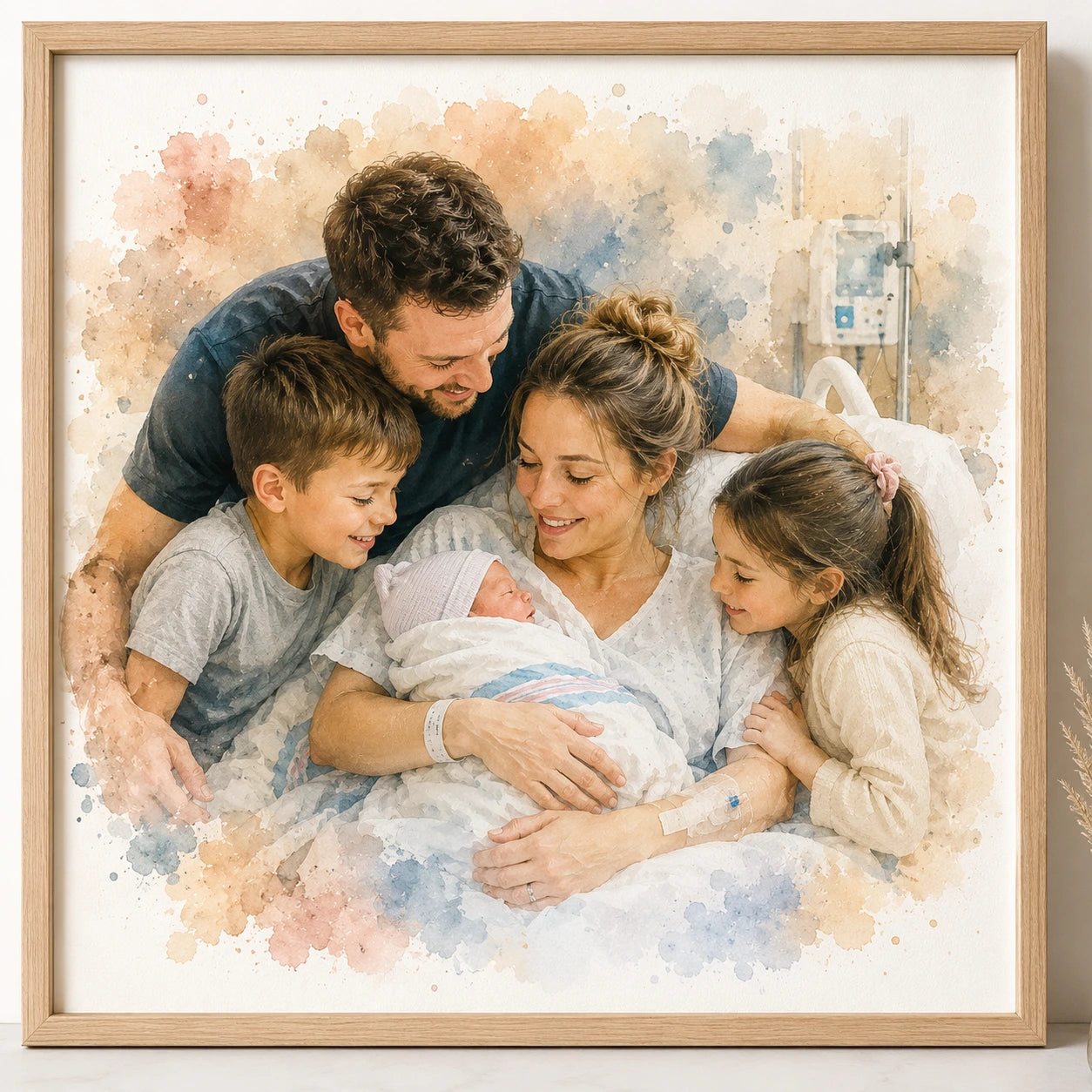 New Mum Family Portrait Illustration from Photo Personalised Watercolour Gift