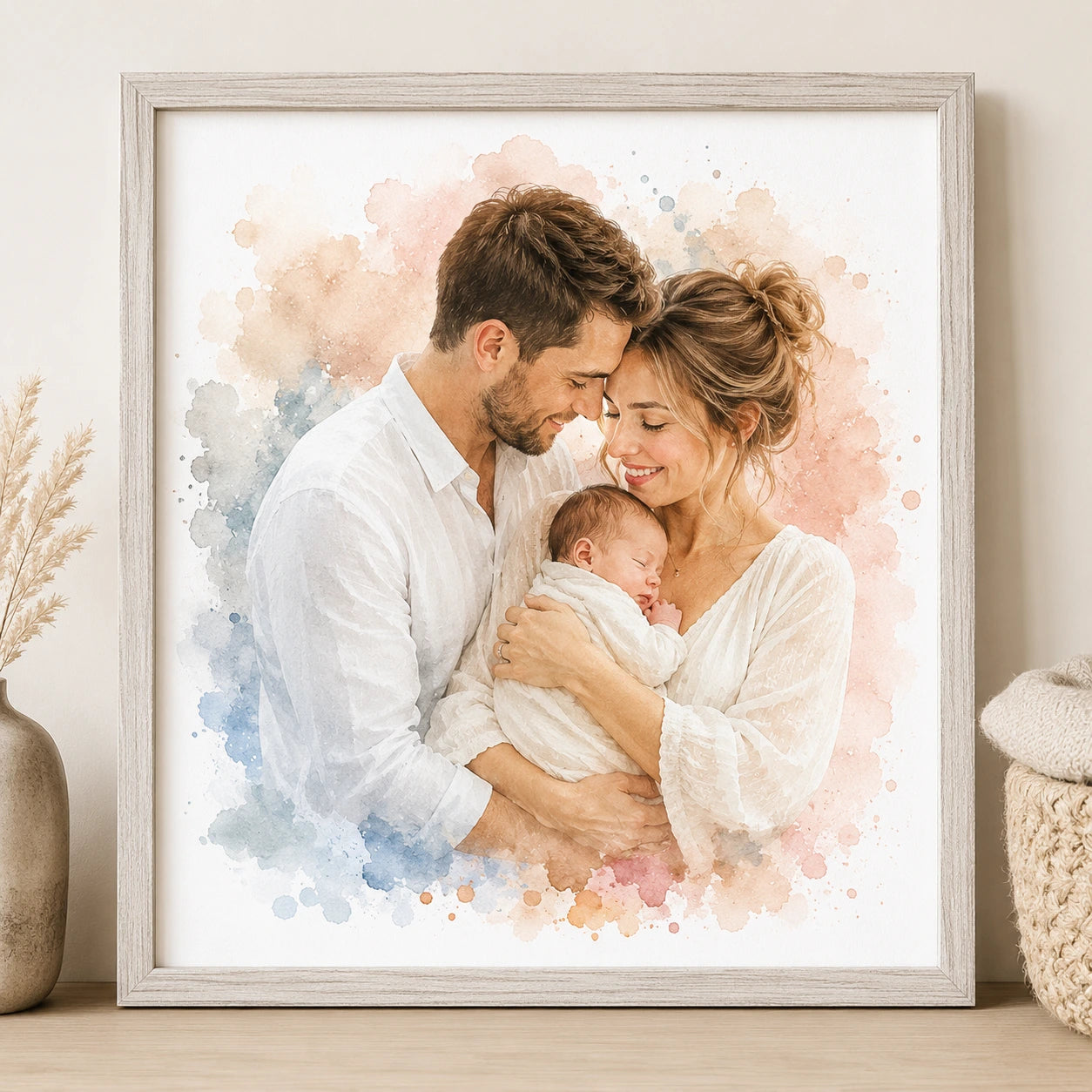 New Mum Family Portrait Illustration from Photo Personalised Watercolour Gift