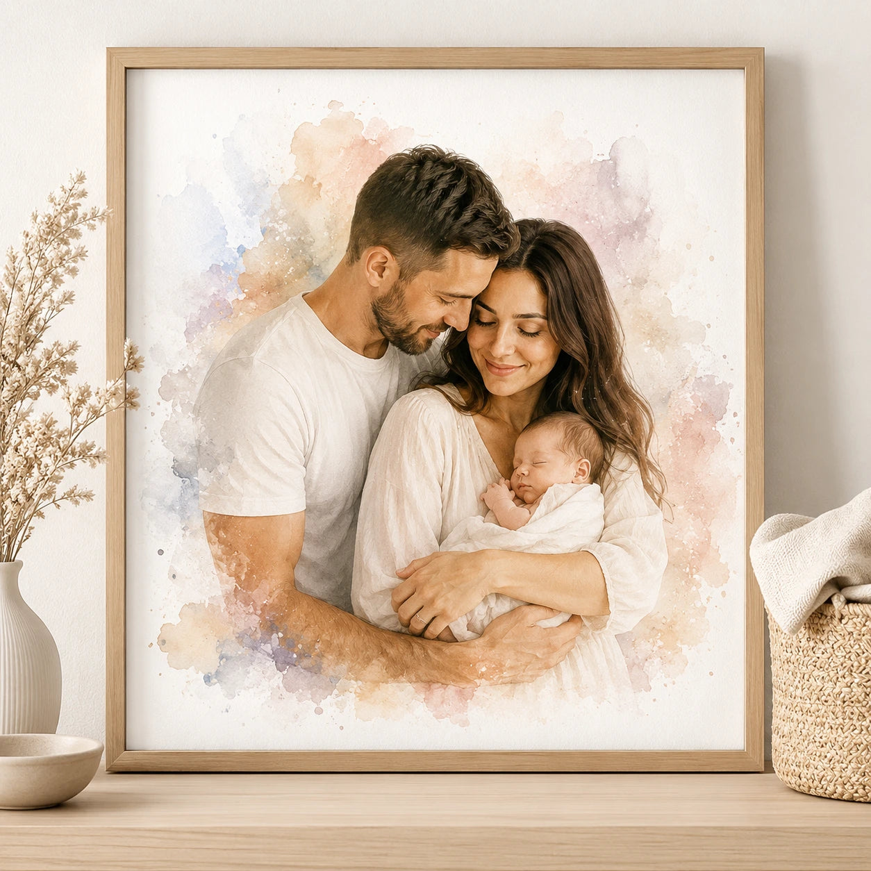 New Mum Family Portrait Illustration from Photo Personalised Watercolour Gift