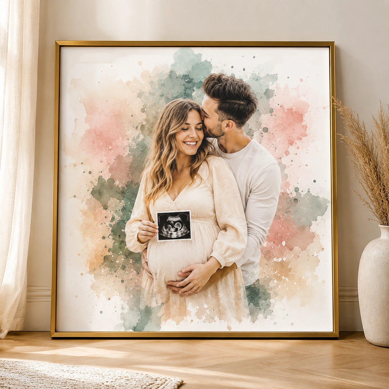 Custom Pregnancy Announcement Watercolour Art from Photo Personalised Baby Reveal
