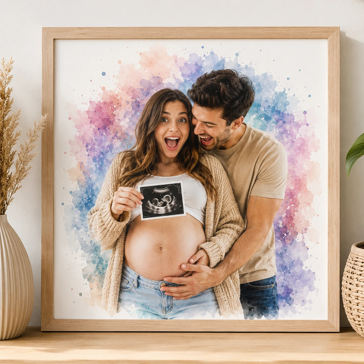 Custom Pregnancy Announcement Watercolour Art from Photo Personalised Baby Reveal