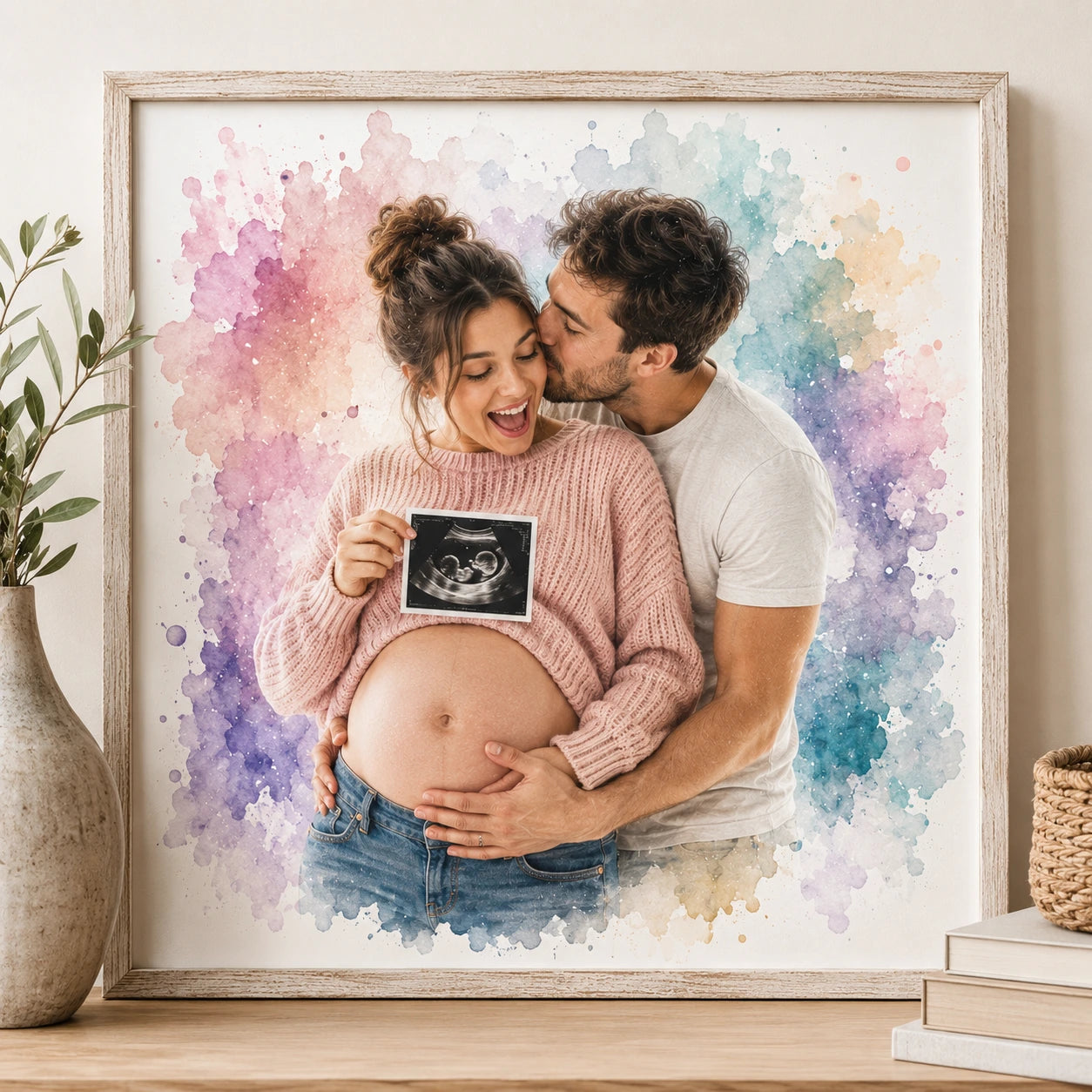 Custom Pregnancy Announcement Watercolour Art from Photo Personalised Baby Reveal