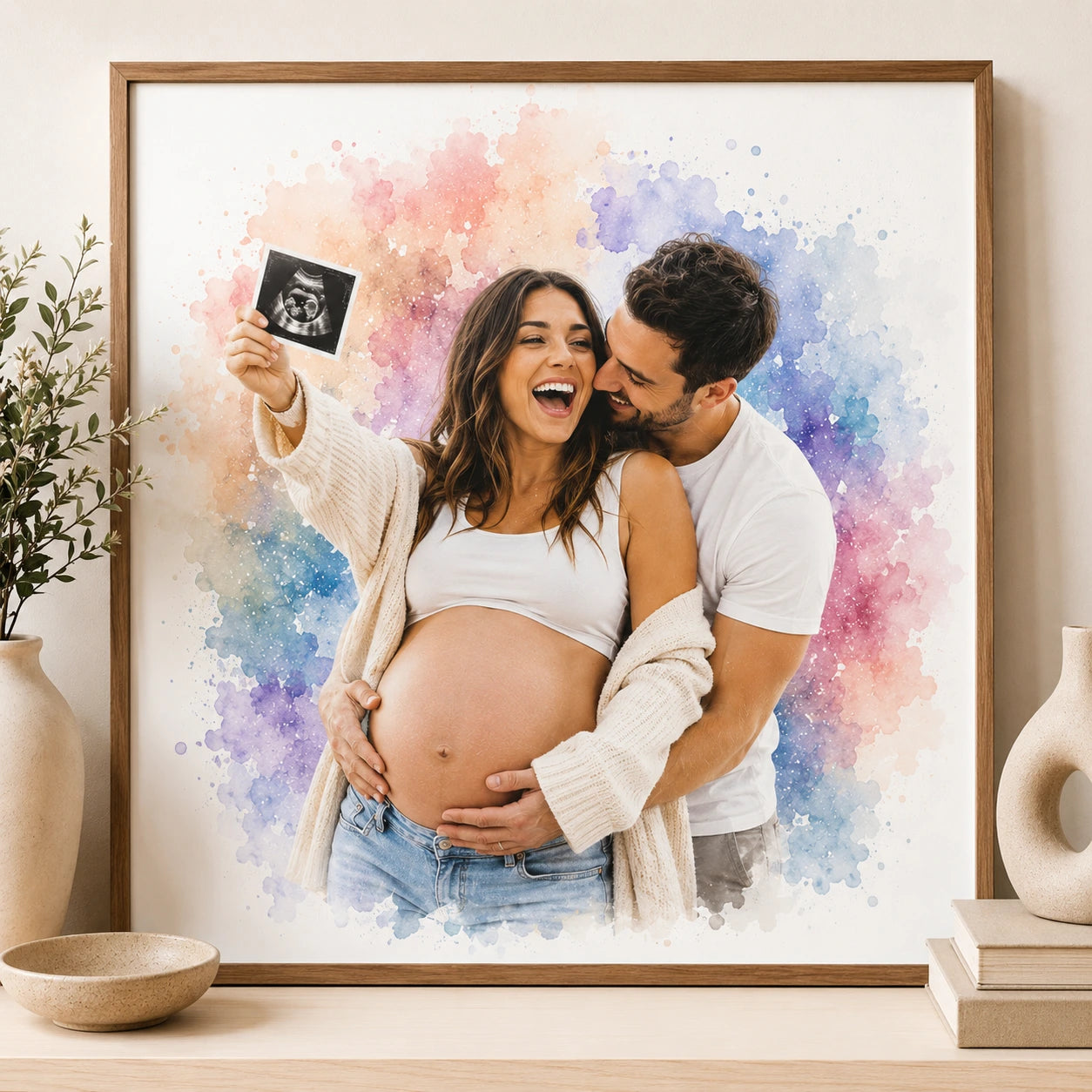Custom Pregnancy Announcement Watercolour Art from Photo Personalised Baby Reveal
