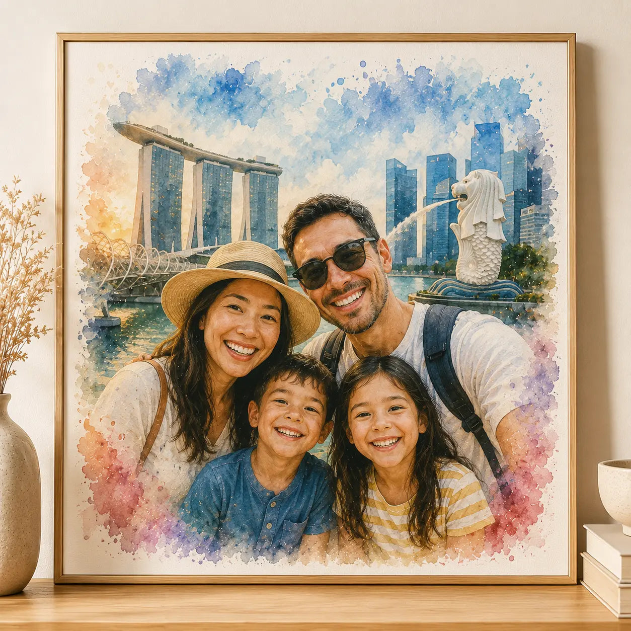 Custom Family Trip Memories Watercolour Portrait from Photo Personalised Travel Keepsake