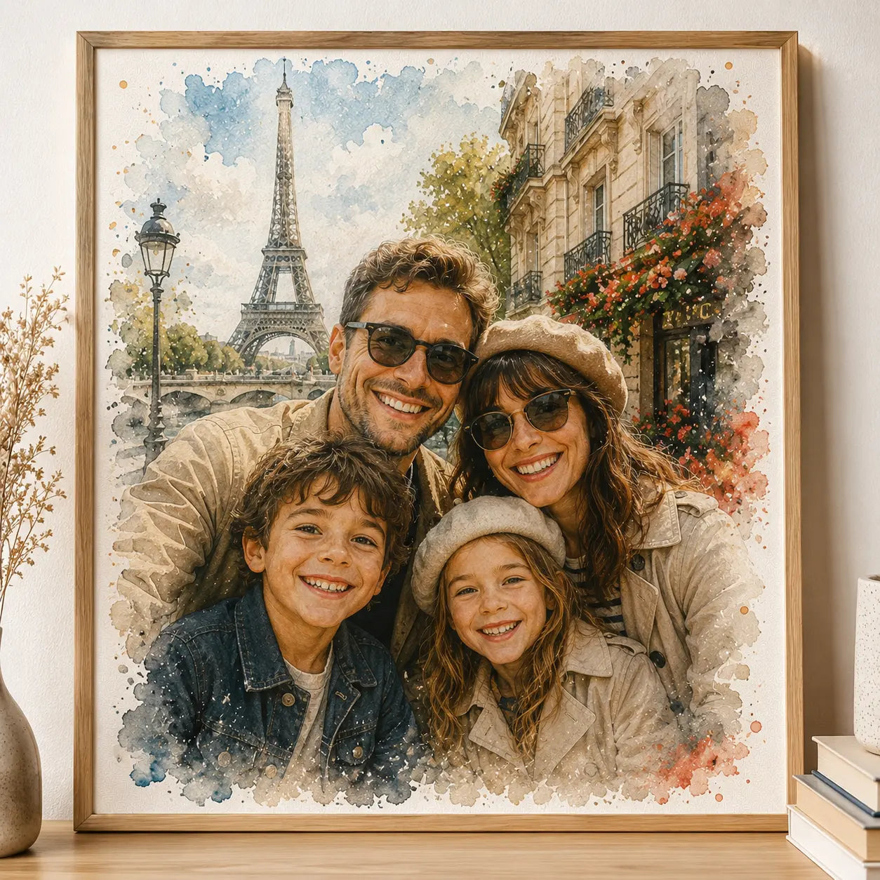 Custom Family Trip Memories Watercolour Portrait from Photo Personalised Travel Keepsake