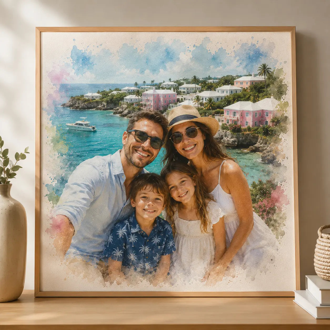 Custom Family Trip Memories Watercolour Portrait from Photo Personalised Travel Keepsake