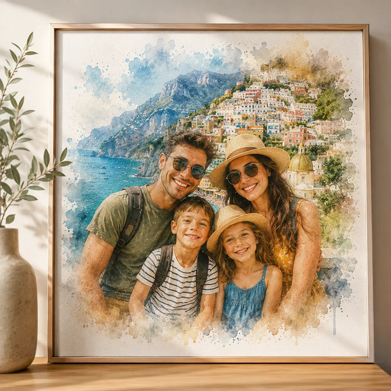 Custom Family Trip Memories Watercolour Portrait from Photo Personalised Travel Keepsake