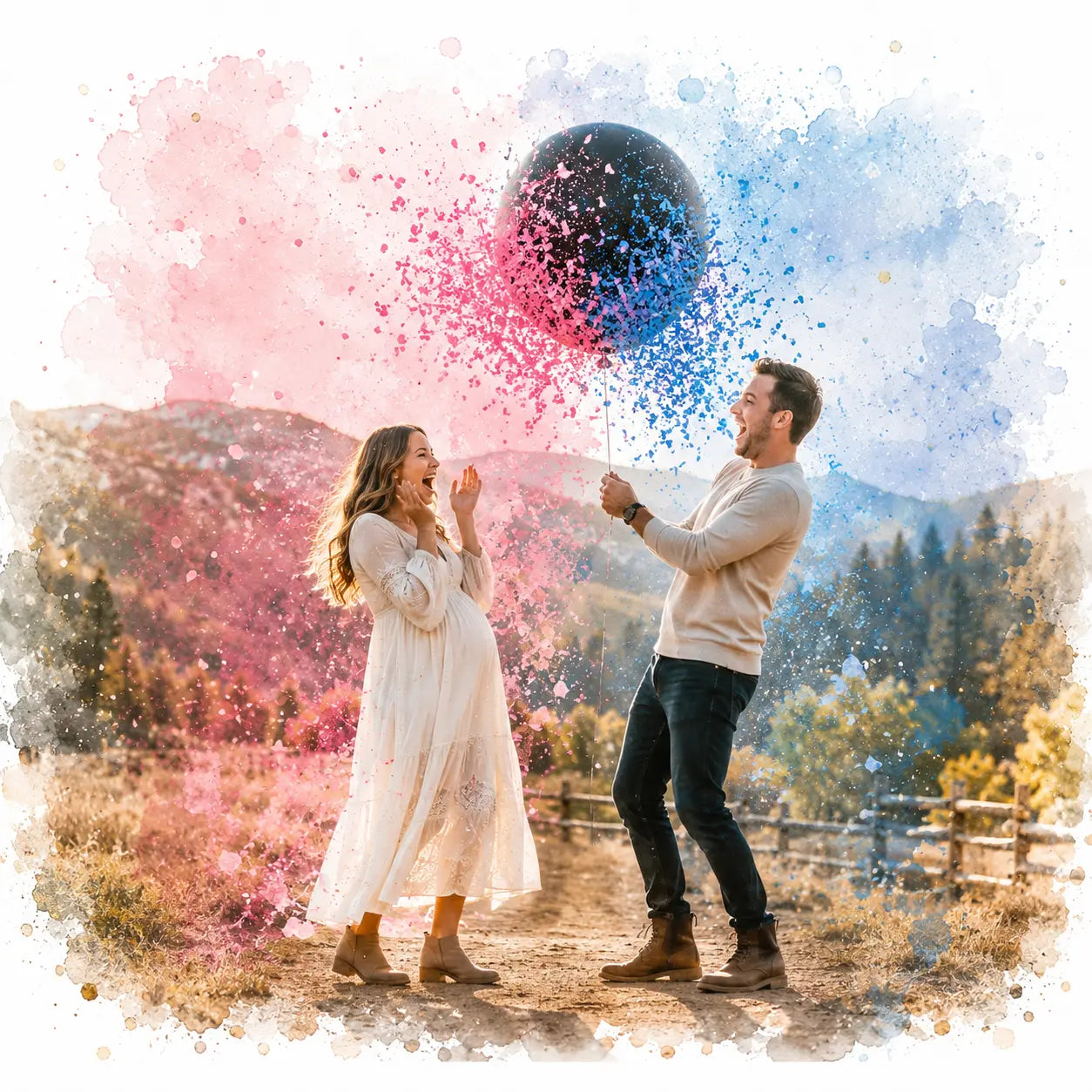 Custom Gender Reveal Watercolour Art from Photo Personalised Baby Reveal Gift