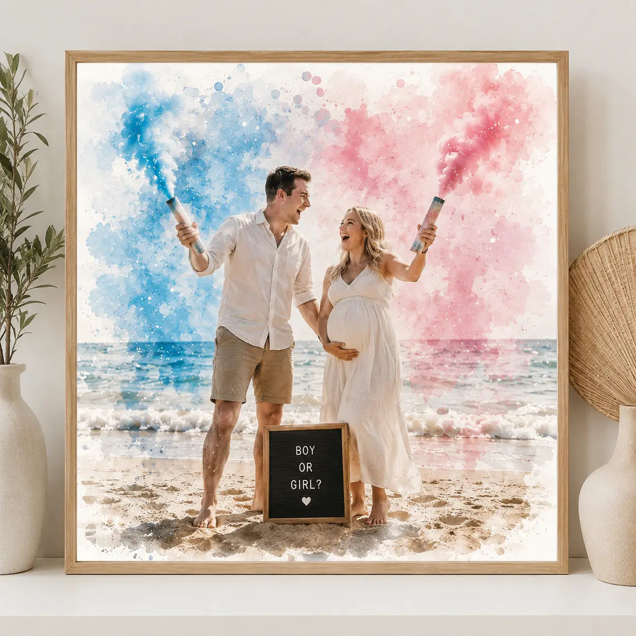 Custom Gender Reveal Watercolour Art from Photo Personalised Baby Reveal Gift