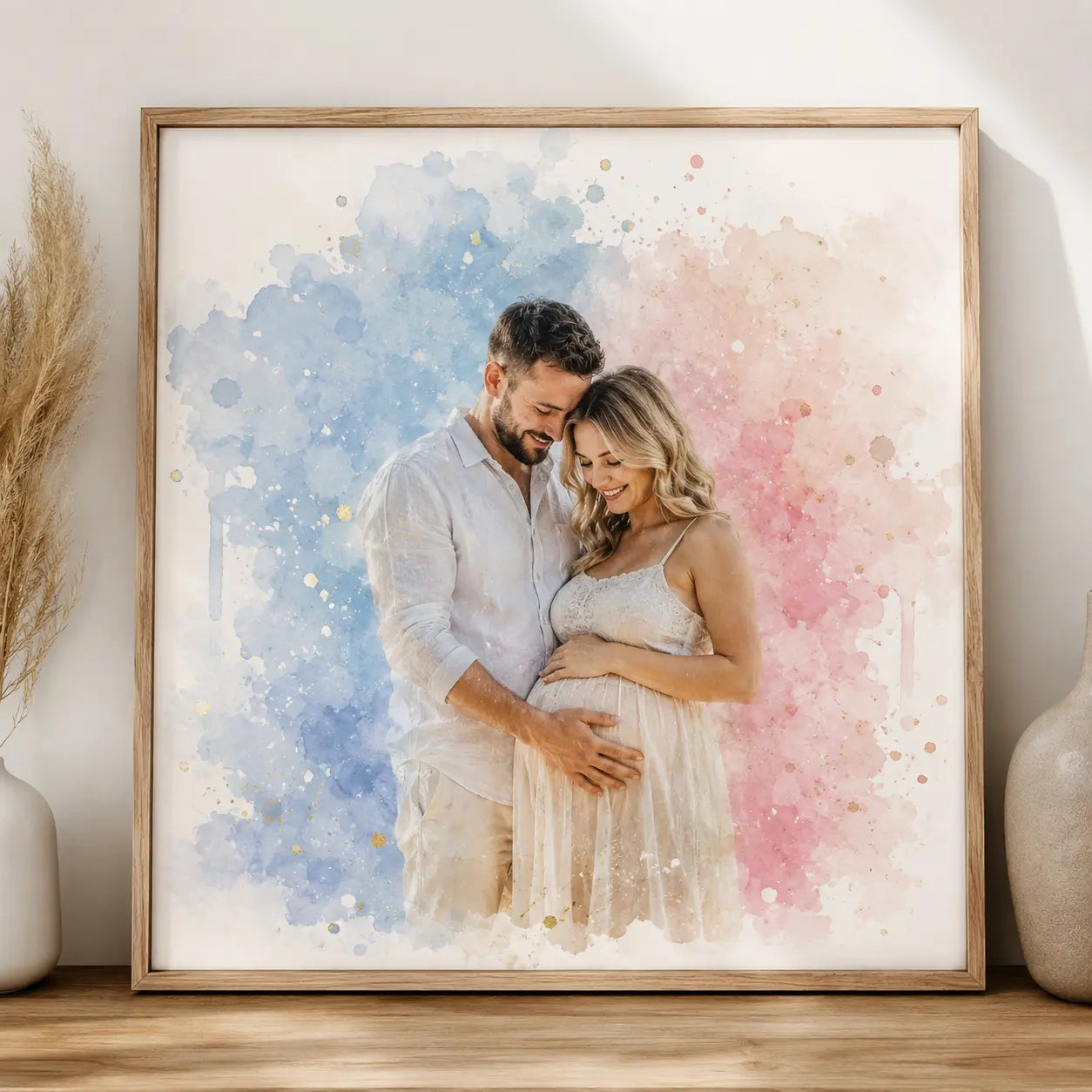 Custom Gender Reveal Watercolour Art from Photo Personalised Baby Reveal Gift