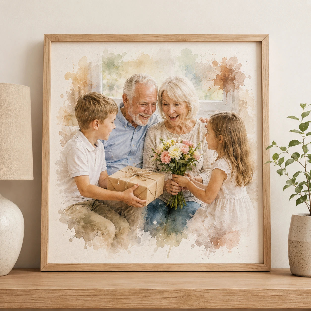 Kids Gifting Grandparents Watercolour Portrait from Photo Personalised Grandparent Gift