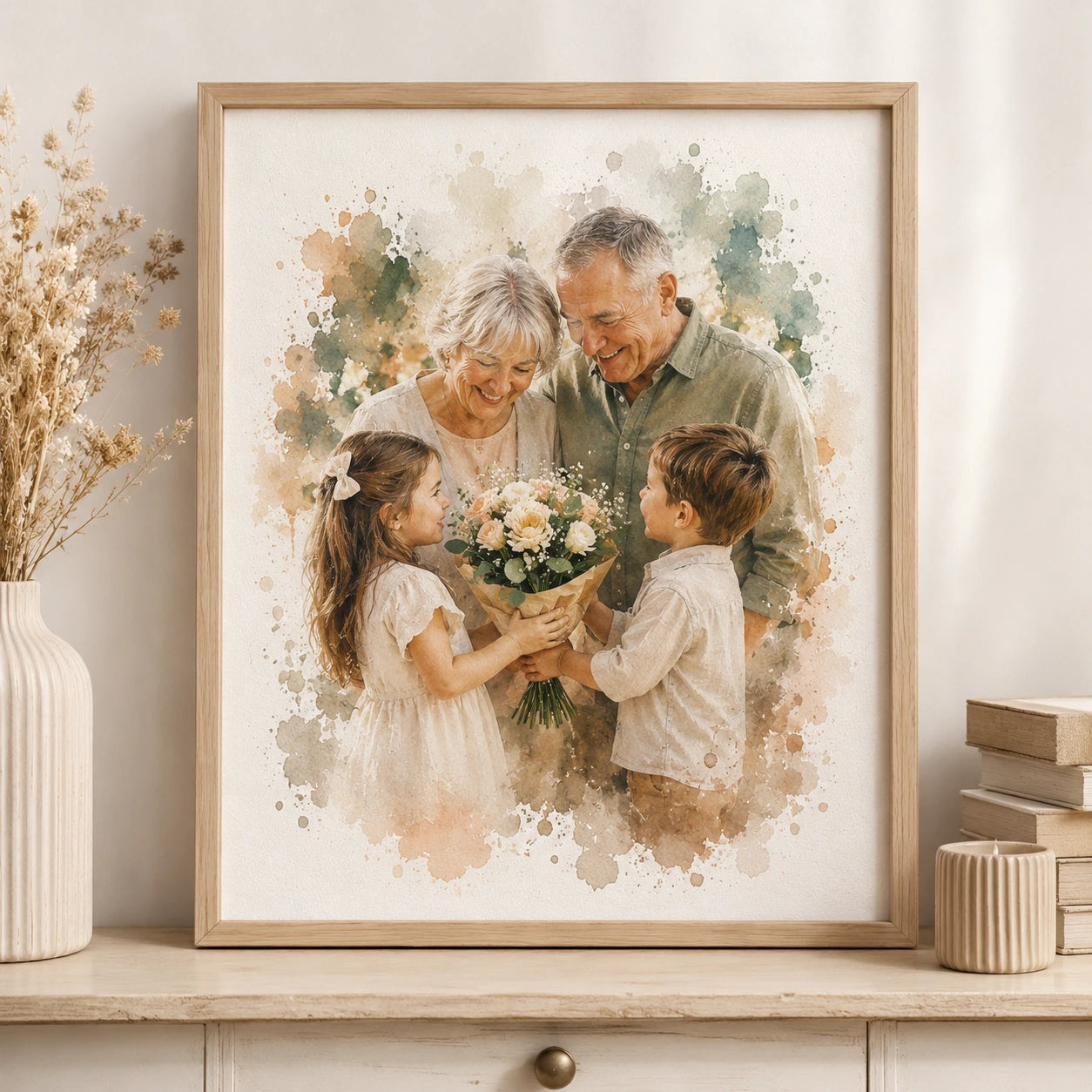 Kids Gifting Grandparents Watercolour Portrait from Photo Personalised Grandparent Gift
