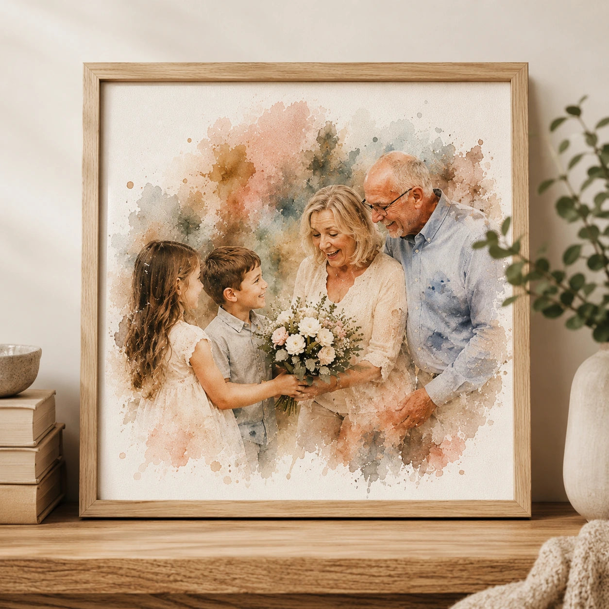 Kids Gifting Grandparents Watercolour Portrait from Photo Personalised Grandparent Gift