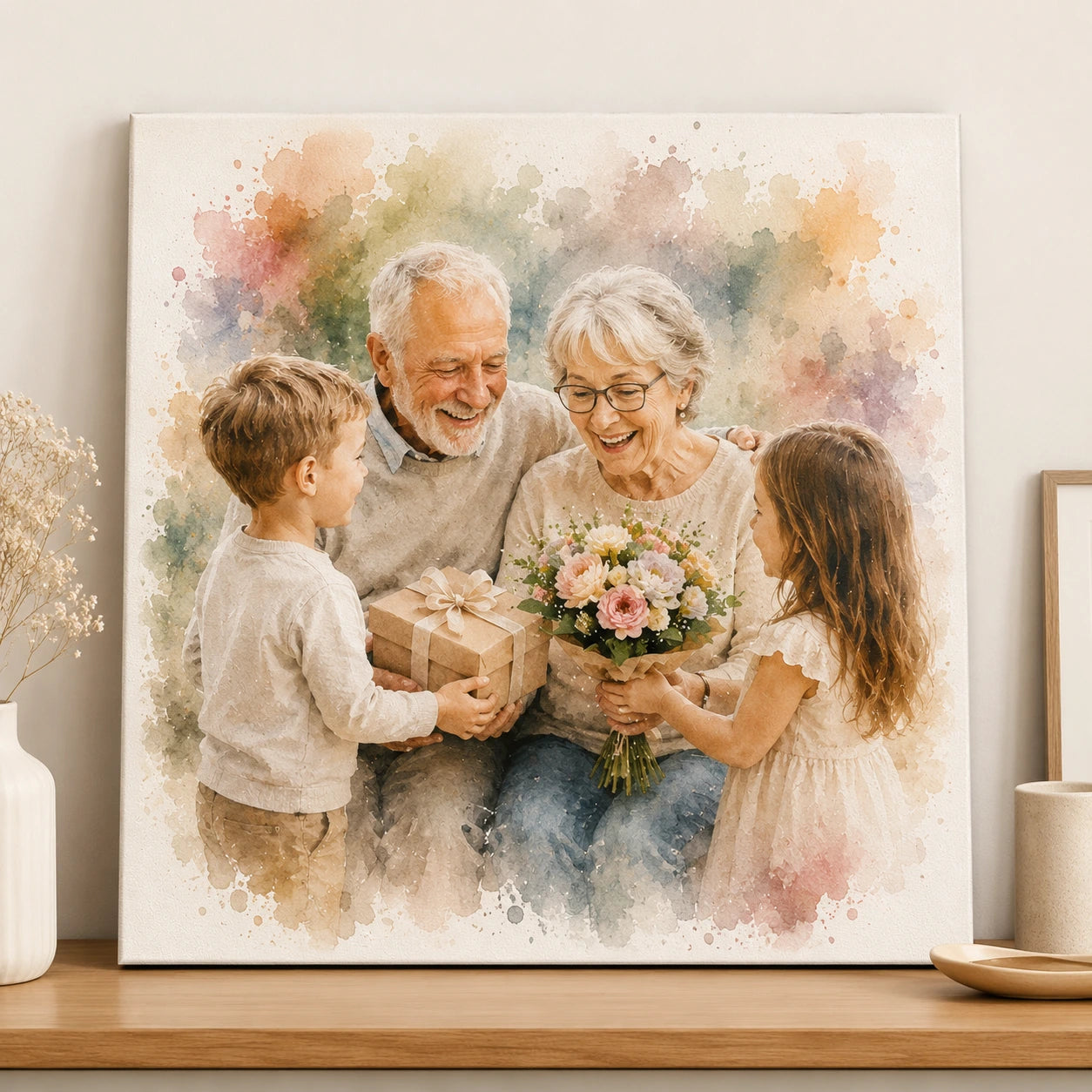 Kids Gifting Grandparents Watercolour Portrait from Photo Personalised Grandparent Gift