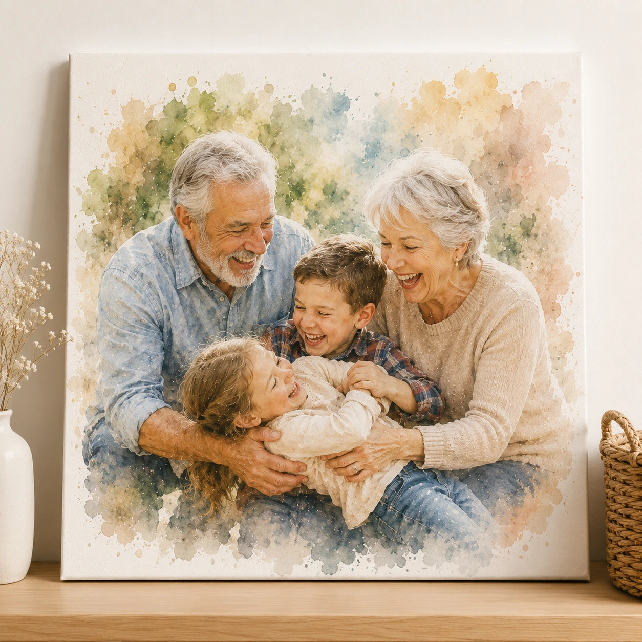 Kids Gifting Grandparents Watercolour Portrait from Photo Personalised Grandparent Gift