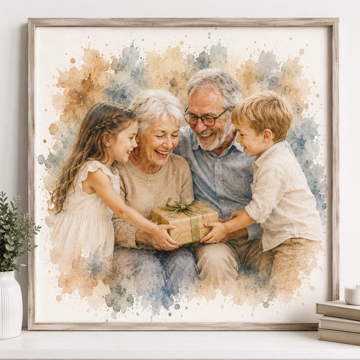 Kids Gifting Grandparents Watercolour Portrait from Photo Personalised Grandparent Gift