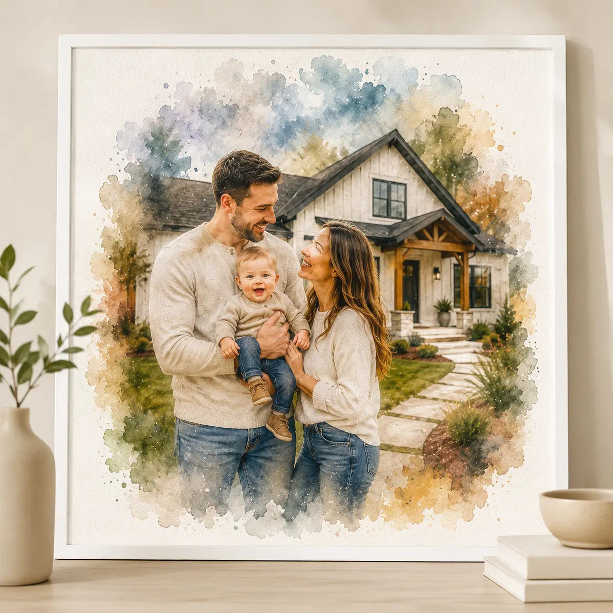 First Family Home Portrait from Photo Personalised Watercolour New Home Gift