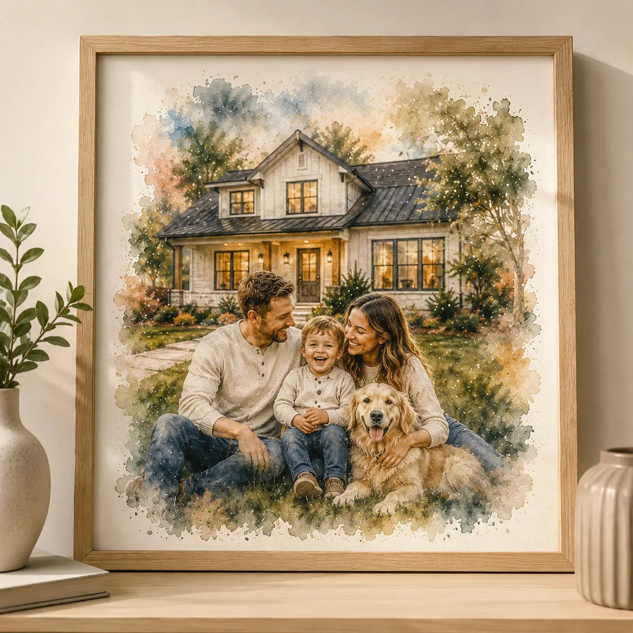 First Family Home Portrait from Photo Personalised Watercolour New Home Gift