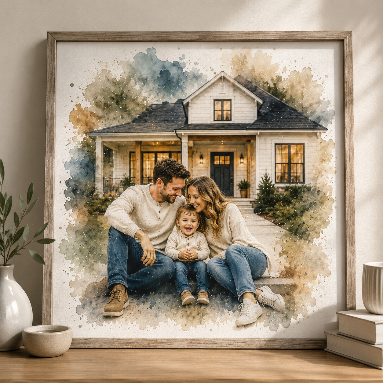 First Family Home Portrait from Photo Personalised Watercolour New Home Gift