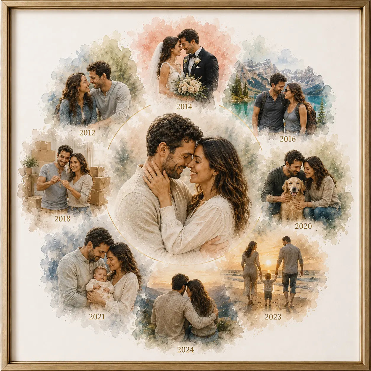 Custom Anniversary Timeline Portrait from Photo Personalised Watercolour Love Story Artwork