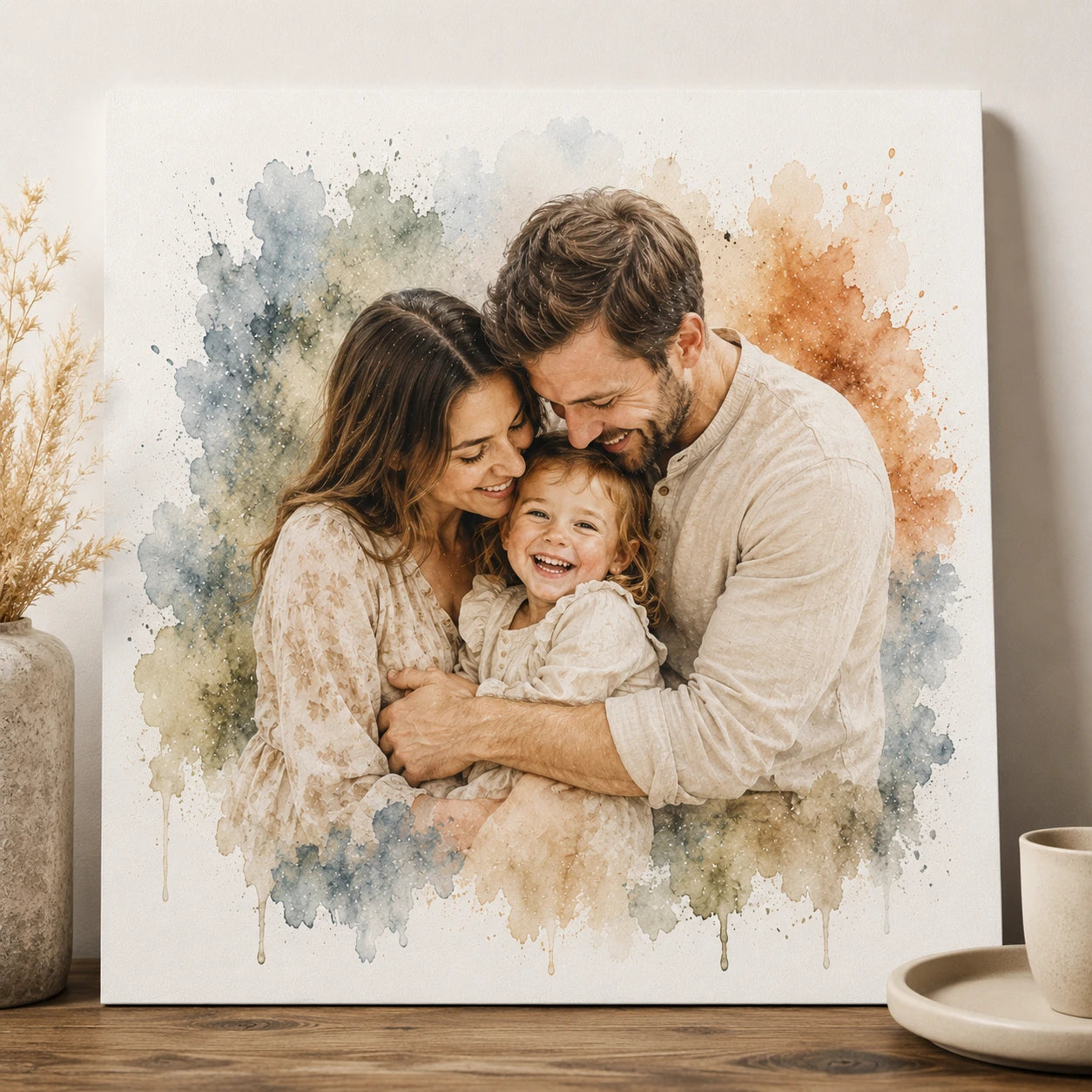 Classic Sentimental Family Wall Art Personalised Watercolour Family Portrait from Photo