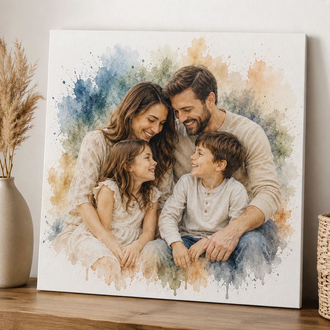 Classic Sentimental Family Wall Art Personalised Watercolour Family Portrait from Photo