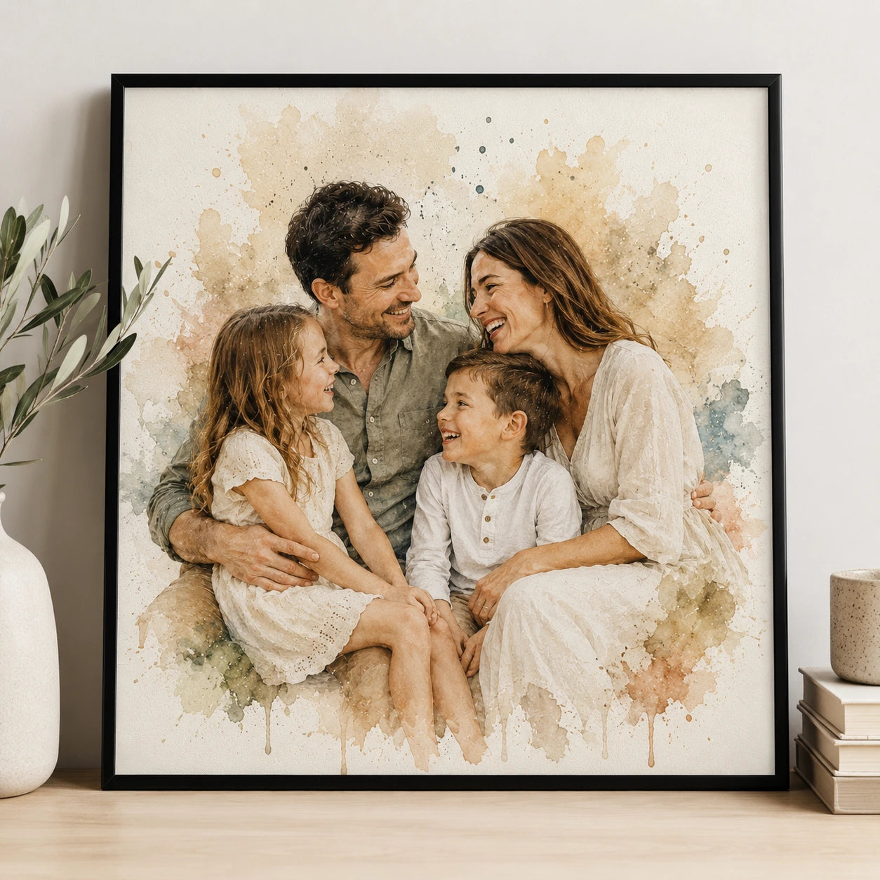 Classic Sentimental Family Wall Art Personalised Watercolour Family Portrait from Photo