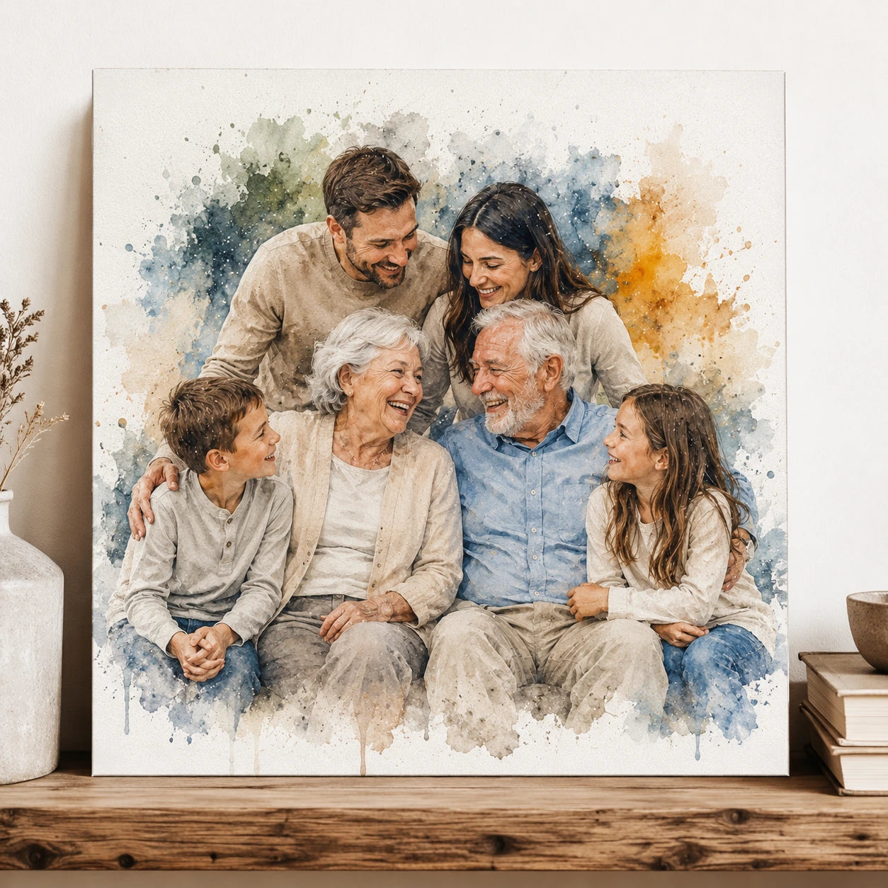 Classic Sentimental Family Wall Art Personalised Watercolour Family Portrait from Photo