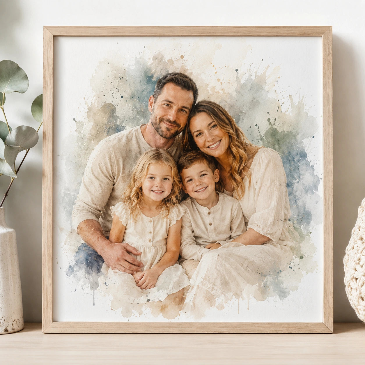 Classic Sentimental Family Wall Art Personalised Watercolour Family Portrait from Photo